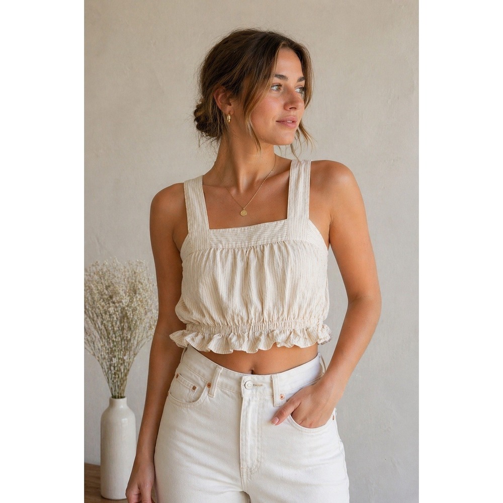 Urban Renewal Linen Crop Tank Top L Cream Square Neck Ruffle Hem USA